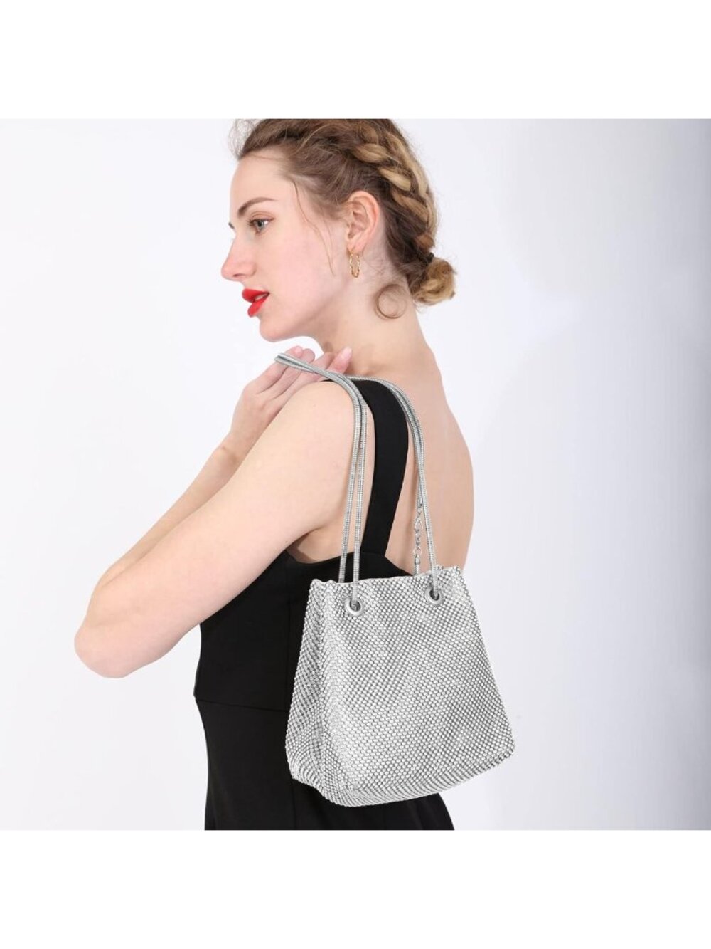 Silver Rhinestone Mesh Bucket Evening Bag Drawstring Shoulder Purse - Picture 2 of 5